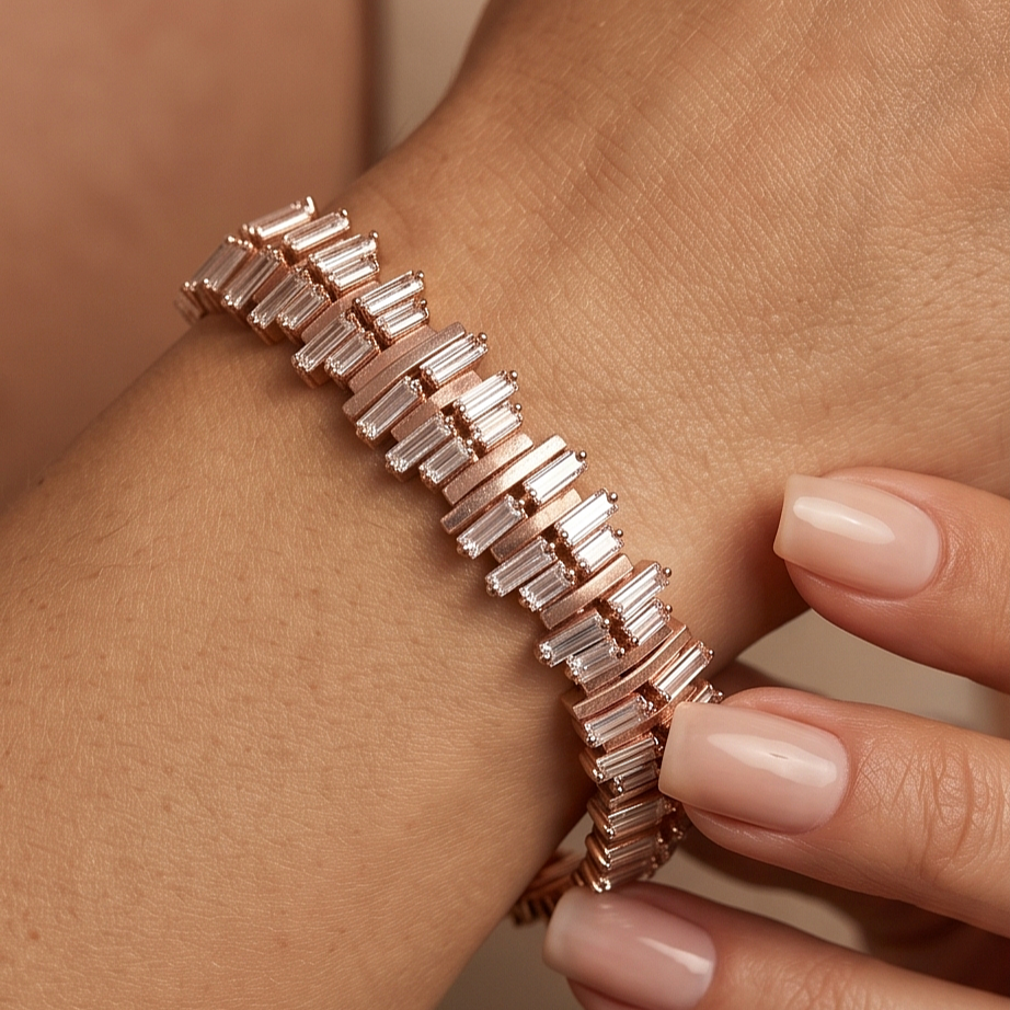 Swarovski Bagety Taşlı Rose İthal Gümüş Bileklik