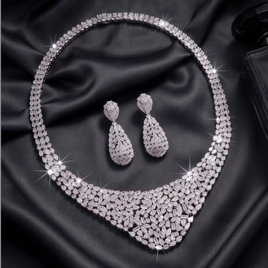 Swarovski Taşlı Altın Kaplamalı İthal Gümüş Set