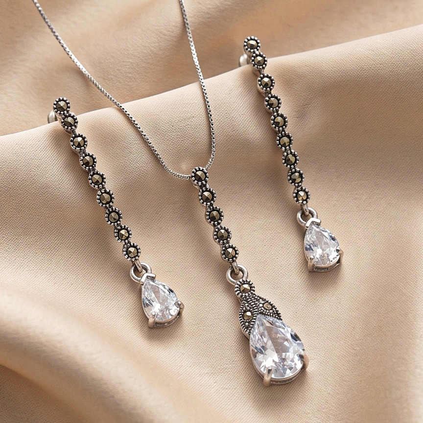 Markazit ve Swarovski Taşlı İthal Gümüş Set