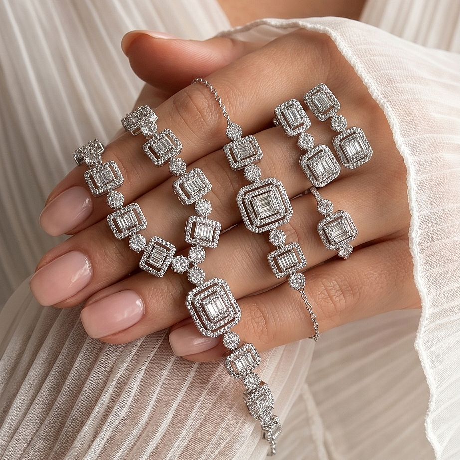 Bagety Swarovski Taşlı Altın Kaplamalı İthal Gümüş Set