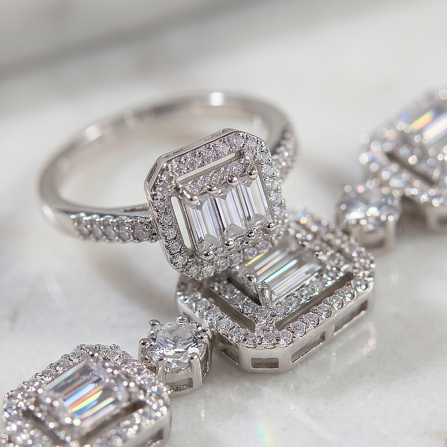 Bagety Swarovski Taşlı Altın Kaplamalı İthal Gümüş Set