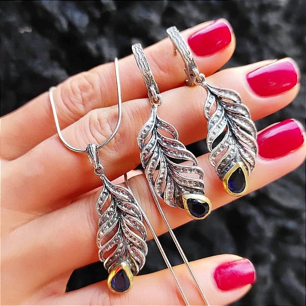 Safir Taşlı,Tek Tasarım Otantik  Gümüş Set