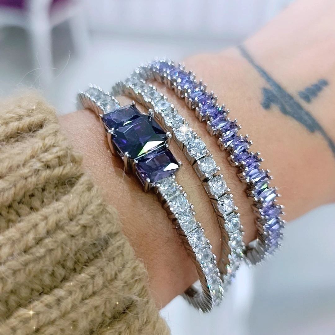 Swarovski Bagety Taşlı Mor İthal Gümüş Bilezik