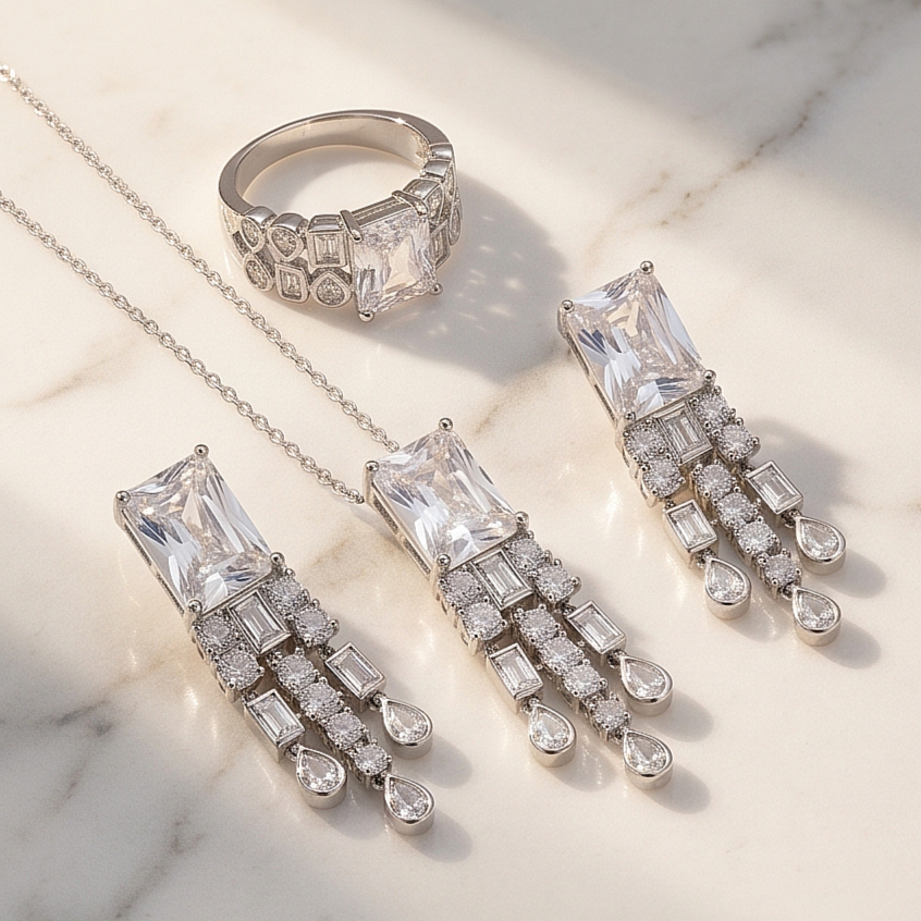 Bagety  Swarovski Taşlı, Altın kaplamalı Gümüş Set