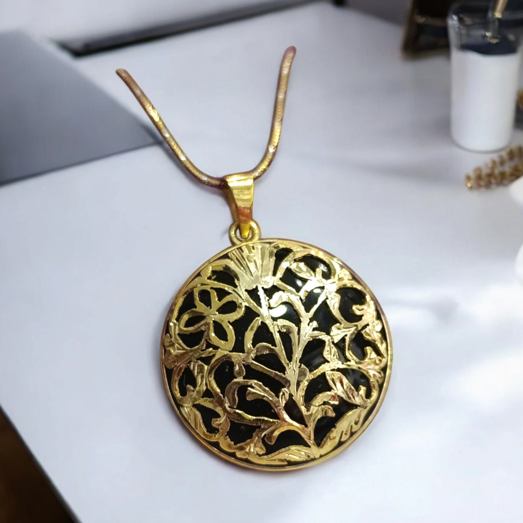 Oltu Taşlı Altın Kaplamalı Gümüş Kolye