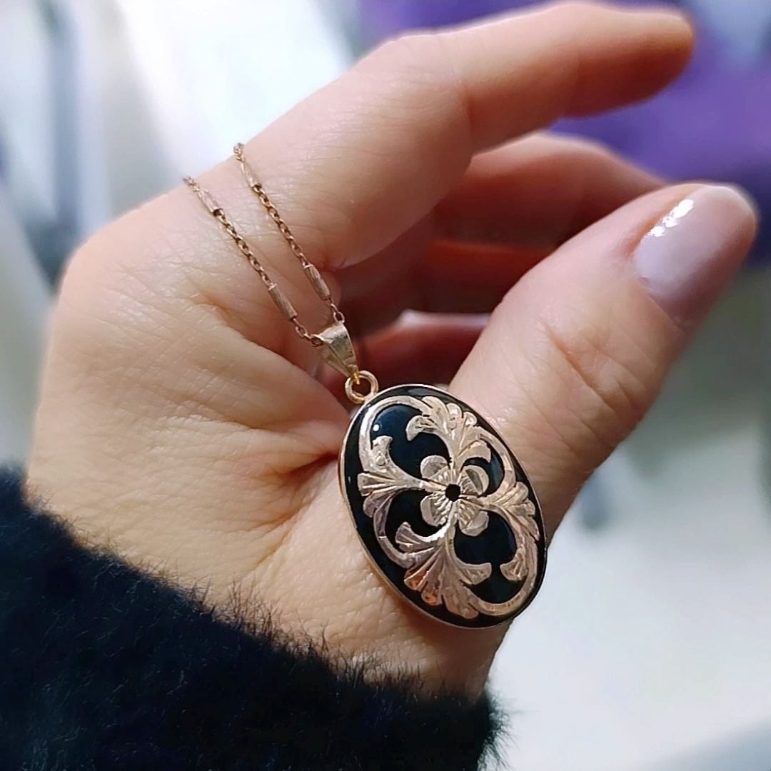 Oltu Taşlı 8 Ayar Altın kaplamalı Gümüş Kolye
