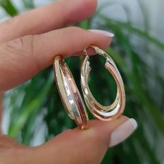 3 Renkli Gümüş Üzerine Altın Kaplamalı Oval Halka Küpe