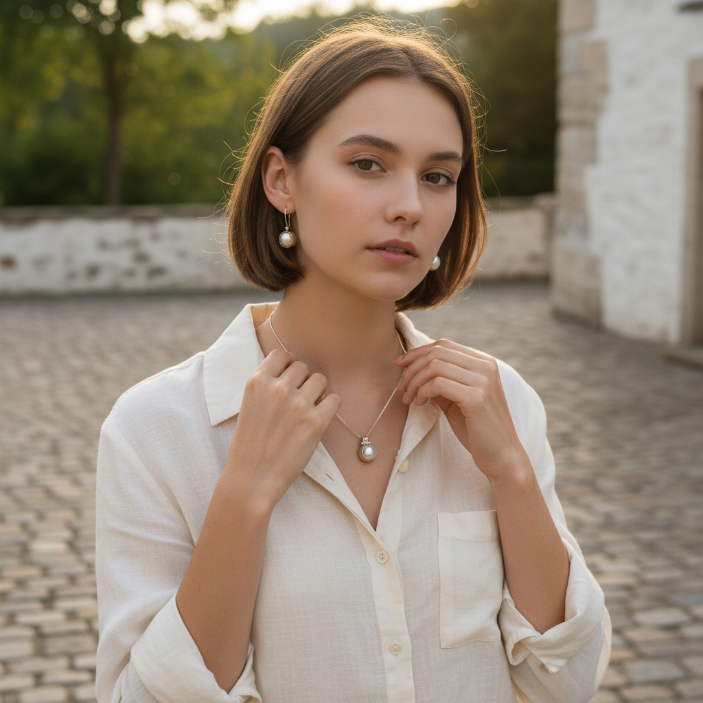 İnci Taşlı Tasarım Rose Gümüş Kolye küpe set