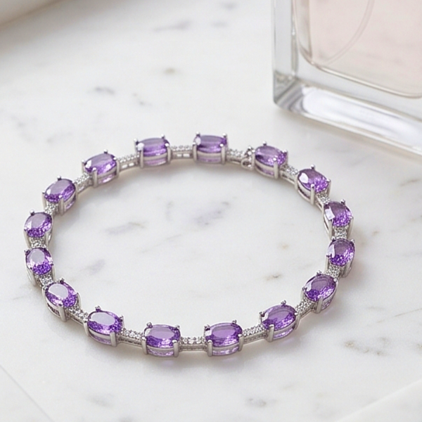 Ametist ve Swarovski taşlı Altın Rodajlı Gümüş Bileklik