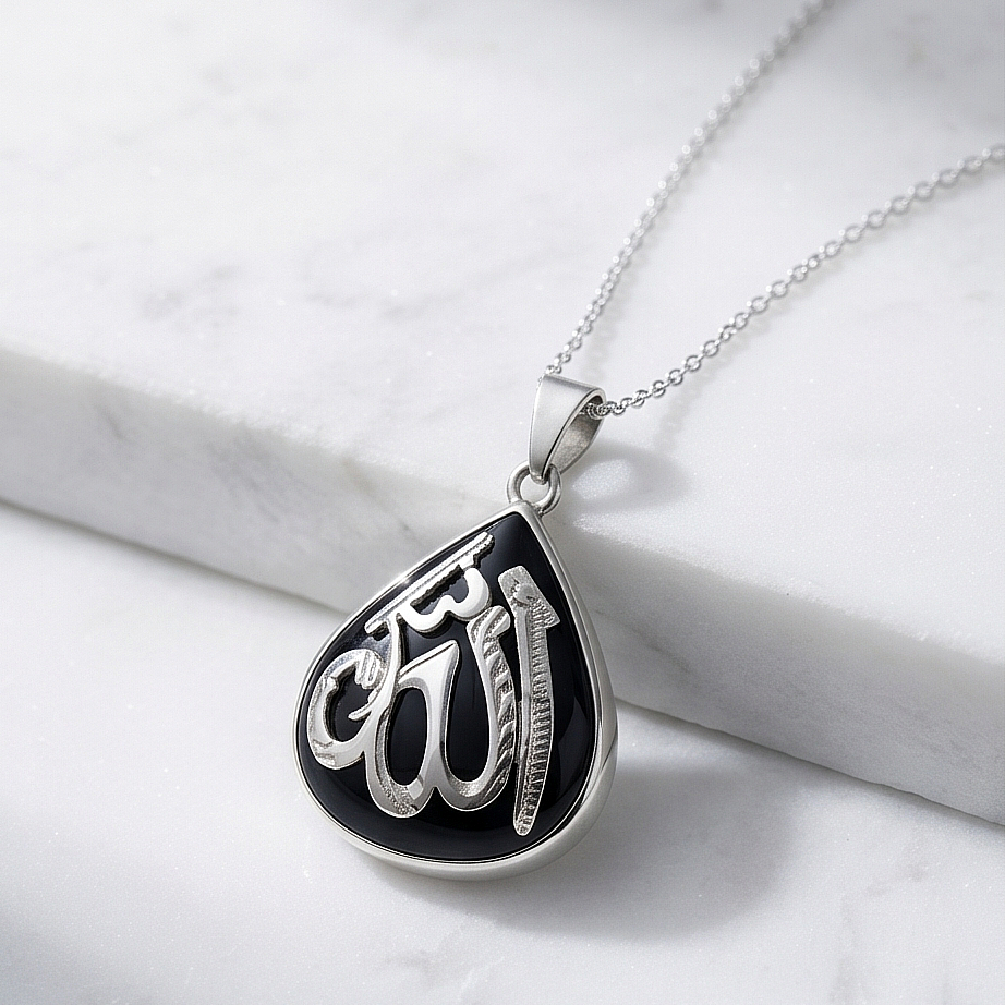 Oltu Taşlı Allah Yazılı Elişi Gümüş Kolye