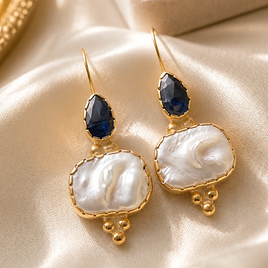 Barok inci ve Safir Taşlı Altın Kaplamalı Gümüş Küpe