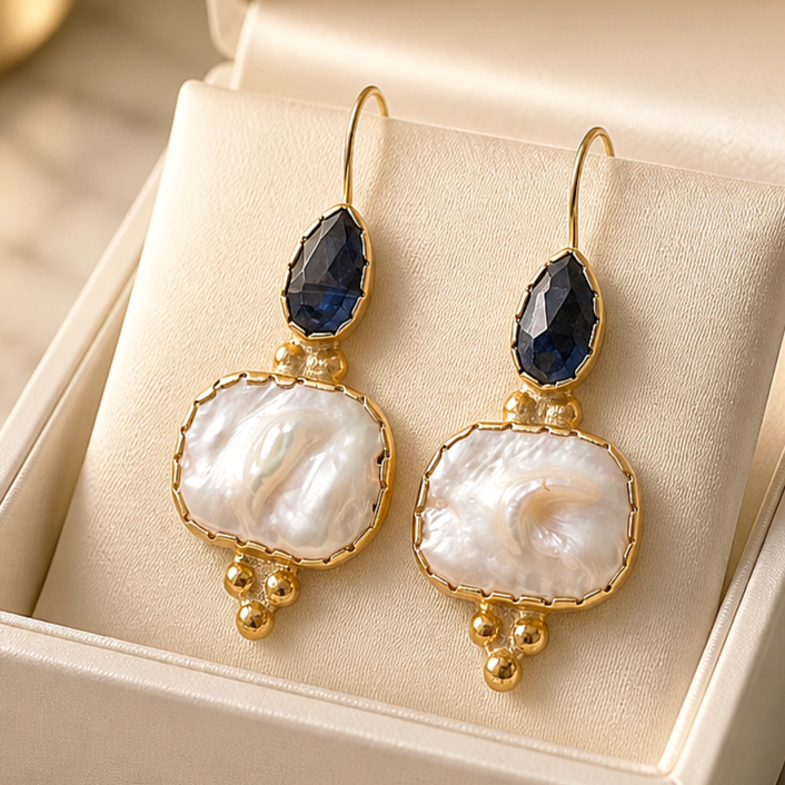 Barok inci ve Safir Taşlı Altın Kaplamalı Gümüş Küpe