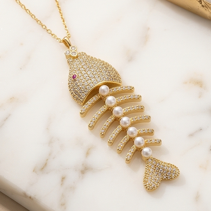 İnci ve Swarovski Taşlı Altın Kaplamalı Balık Gümüş Kolye