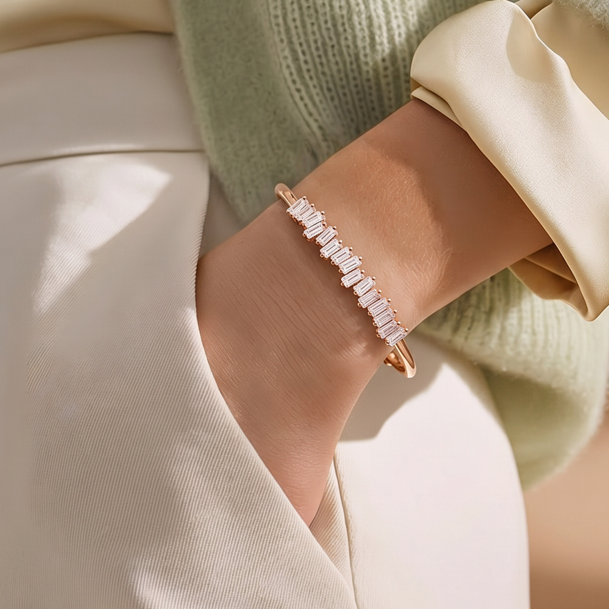 Swarovski Bagety Taşlı Rose Altın Kaplamalı Gümüş Bilezik
