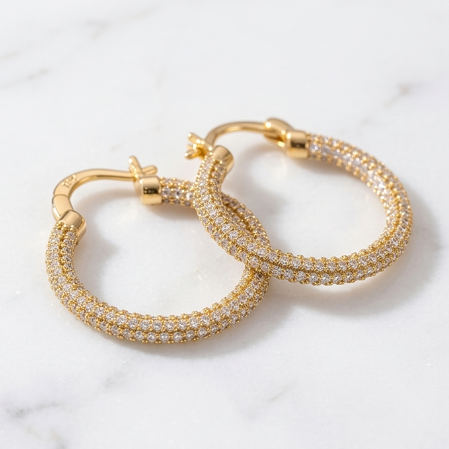 Swarovski Taşlı, Altın Kaplamalı Tamtur Halka Gümüş Küpe