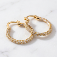 Swarovski Taşlı, Altın Kaplamalı Tamtur Halka Gümüş Küpe
