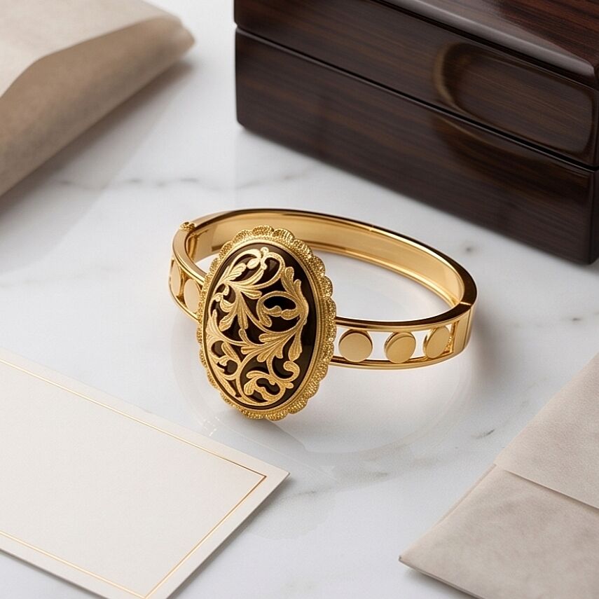 Oltu Taşlı Gold Altın Kaplamalı Tasarım Gümüş Bilezik