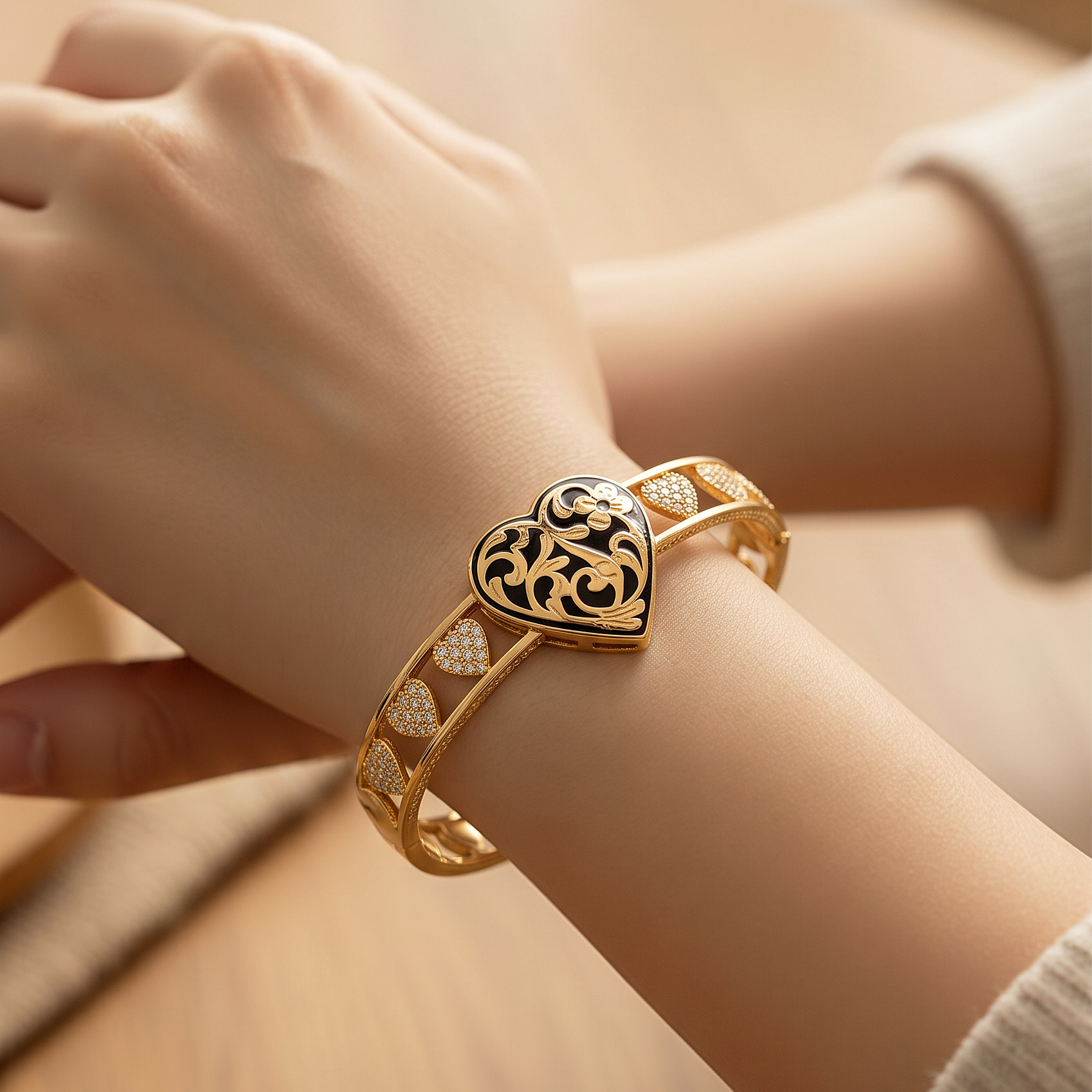 Oltu Taşlı Kalpli Gold Altın Kaplamalı Gümüş Bilezik
