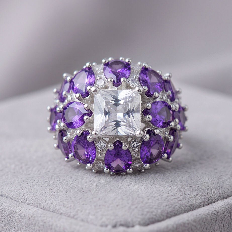 Ametist ve Swarovski Taşlı Altın Rodajlı Gümüş Yüzük