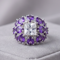 Ametist ve Swarovski Taşlı Altın Rodajlı Gümüş Yüzük
