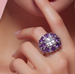 Ametist ve Swarovski Taşlı Altın Rodajlı Gümüş Yüzük