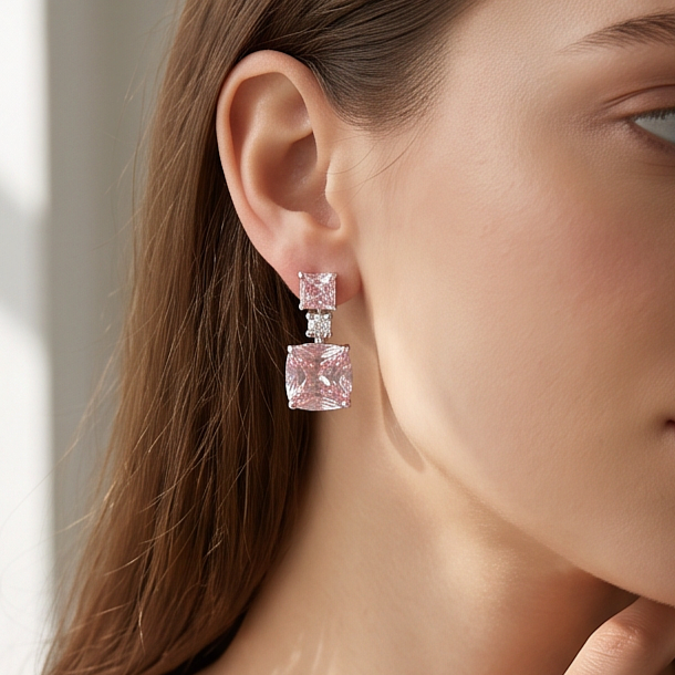 Pembe Kuvars Taşlı Altın Rodajlı Gümüş Küpe